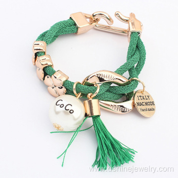 Gold Charm Mesh Rope Wrap Tassel Bracelet With Pearl Pendant